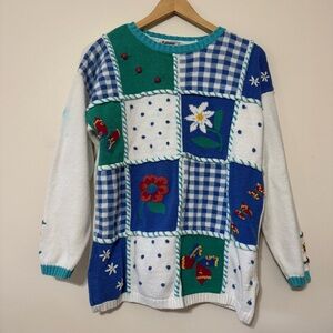 Vintage Patchwork Picnic Springtime Cotton Blend Sweater